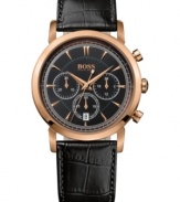 An office wardrobe essential in rosy tones: a handsome dress watch from Hugo Boss.