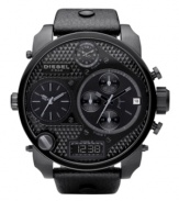 Dark-as-night, industrial-strength style, by Diesel. Watch crafted from black leather strap and round black ion-plated stainless steel case, 65x75mm. Knurled black chronograph dial features applied index, multiple subdials, negative display digital subdial at six o'clock, date window at four o'clock, lugs and logo. Quartz movement. Water resistant to 50 meters. Two-year limited warranty.