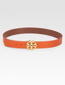 A saffiano leather style with an iconic, logo metal buckle. Width, about 2Made in USA A saffiano leather style with an iconic, logo metal buckle. Width, about 2Made in USA
