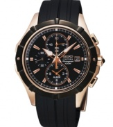 A combination of style and function, this Coutura watch from Seiko boasts rose-gold accents, a sporty strap and chronograph precision.