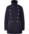 With a flattering flared silhouette and a dramatic high neck, the classic pea coat gets a decidedly downtown update from Belstaff - Dramatic stand-up collar with belt detail, epaulets with silver-toned button, double-breasted, front button placket, flared silhouette, leather detailed pockets and cuffs - Pair with high-waisted skinny pants, a modernized pullover, and high heel booties