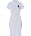 Stylish dress in fine white cotton stretch - A casual classic from cult label Polo Ralph Lauren - Traditional, button down polo style with small collar and short sleeves - Oversize decorative embroidered logo at chest - Slim skirt hits just above the knees - Fitted cut creates a particularly flattering silhouette - A sporty-chic go-to in any wardrobe ideal for work and play - Pair with a cropped cardigan and strappy sandals, or layer with a blazer and style with ballet flats