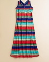 The fun jersey maxi dress is styled with bright stripes and a cross-back design for a fun, preppy look.ScoopneckSleevelessFront button placketScooped cross-back with knot detailWaist with pintuck detailingLarge patch pockets with button closureCottonMachine washImported