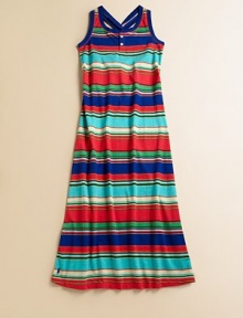 The fun jersey maxi dress is styled with bright stripes and a cross-back design for a fun, preppy look.ScoopneckSleevelessFront button placketScooped cross-back with knot detailWaist with pintuck detailingLarge patch pockets with button closureCottonMachine washImported