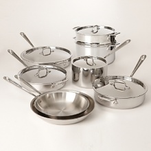 Handcrafted of American-made steel in Pennsylvania and exclusive to Bloomingdale's, this comprehensive 13-piece set provides everything you need to cook like a pro: 10 and 12 fry pans, 2 and 4-qt. sauce pans with lids, 2 and 6-qt. sauté pans with lids, 8-qt. lidded stock pot and a steamer. Favored by chefs and cooking enthusiasts, All-Clad's stainless steel cookware boasts a starburst finish that provides superior stick resistance. Handcrafted of American-made steel in Pennsylvania and exclusive to Bloomingdale's, this comprehensive 13-piece set provides everything you need to cook like a pro: 10 and 12 fry pans, 2 and 4-qt. sauce pans with lids, 2 and 6-qt. sauté pans with lids, 8-qt. lidded stock pot and a steamer. Favored by chefs and cooking enthusiasts, All-Clad's stainless steel cookware boasts a starburst finish that provides superior stick resistance.