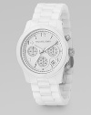 White polished ceramic chronograph with white mother-of-pearl dial. Water-resistant to 5 ATM Round case, 38mm, 1.5 Three sub dials Number and stick markers Date display Second hand Single deployant buckle Imported