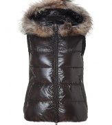 Stay warm while maintaining your impeccable style in this lightweight yet luxe down vest from Duvetica - Fur-lined hood, front two-way zip closure, sleeveless, zip pockets, quilted - Wear with an elevated jeans-and-tee ensemble and shearling lined boots