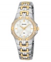 Elevate your everyday elegance with this fine two-tone women's watch from Pulsar, crafted with a hint of sparkling stones. Stainless steel silvertone bracelet and oval case with goldtone accents. Swarovski crystal-accented bezel. Oval white dial with logo and numerical indices. Quartz movement. Water resistant to 50 meters. Three-year limited warranty.