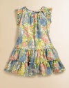 A flurry of ruffles on floral-print chiffon defines an adorable season-spanning dress.Crewneck with bow detailRuffled, cap sleevesBack button-and-loop closureDrop-waist with ruffled trimFully linedPolyesterMachine washImported