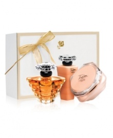 For the holiday, Trésor captures the spirit of eternal love. This collection combines the elegance of rose, muguet and lilac with the sparkle of peach and apricot blossom for an elegant and radiant fragrance. Gift set contains: For the holiday, Trésor captures the spirit of eternal love. This collection combines the elegance of rose, muguet and lilac with the sparkle of peach and apricot blossom for an elegant and radiant fragrance. Gift set contains: