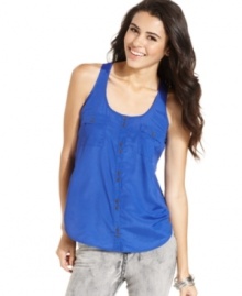 Simple in design and sophisticated in style, this button-down tank top from Eyeshadow is chicer than your average! Simple in design and sophisticated in style, this button-down tank top from Eyeshadow is chicer than your average!