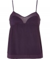 Stylish camisole top in violet silk and silk chiffon - Elegant gathering under the bust (empire effect) - Very slim spaghetti straps - The top falls loosely, yet fits snug - Stylish and sexy at the same time, also wonderfully comfortable, thanks to the stretch content - Pair with the matching briefs