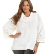 Cozy up to the chic comfort of Style&co.'s three-quarter-sleeve plus size sweater, finished by a cowl neckline and cabled front.
