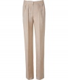 Luxurious ivory pants in raw silk - slim, straight cut with trendy waistband and pleats - elegant, respectable look for grown-up, successful women - worn best for business or classy invitations like dinners, art exhibit prevews and premieres - put with slim tops you can tuck in - a MUST: high heels - wear with a blazer or trench coat