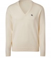 Elegant pullover in fine, pure ivory cotton - Supremely soft, densely woven knit - Deep V-neck - Wide rib trim at cuffs and hem - Contrast logo embroidery at chest - Slim, straight cut - Streamlined and classically cool,ideal for both work and play - Pair with jeans, chinos or slim trousers and leather lace-ups or trainers