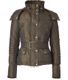 Cozy yet ultra-chic, this quilted coat from Belstaff is the ultimate outfit topper - Stand collar, hood with snaps and toggle, front zip closure, quilting at shoulders and on sleeves, belted waist, zip pockets and cuffs, flap hip pockets - Pair with slim trousers, a blouse, and ankle booties