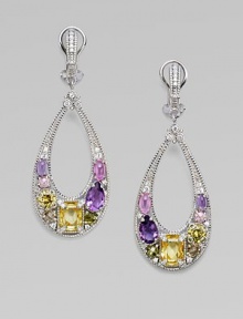 From the Prism Collection. This cutout teardrop of textural sterling silver, encrusted with an array of stones - white sapphire, amethyst, champagne quartz, pink corundum, and pink and peridot crystal - has an elegant, almost regal feel.White sapphire, amethyst, champagne quartz, pink corundum, and crystal Sterling silver Length, about 2 Post and omega backs Imported From the Prism Collection. This cutout teardrop of textural sterling silver, encrusted with an array of stones - white sapphire, amethyst, champagne quartz, pink corundum, and pink and peridot crystal - has an elegant, almost regal feel.White sapphire, amethyst, champagne quartz, pink corundum, and crystal Sterling silver Length, about 2 Post and omega backs Imported