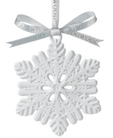 A traditional symbol of the winter season, this unique snowflake ornament features ornate craftsmanship in pure white porcelain. From Wedgwood. A traditional symbol of the winter season, this unique snowflake ornament features ornate craftsmanship in pure white porcelain. From Wedgwood.