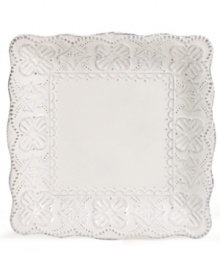 More than charming, the Blanc Elisabeth square salad plate from Versailles Maison incorporates a scalloped edge, floral medallions and soft white finish to perfect vintage-style settings. More than charming, the Blanc Elisabeth square salad plate from Versailles Maison incorporates a scalloped edge, floral medallions and soft white finish to perfect vintage-style settings.