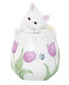 Begging for treats, this adorable kitten cookie jar adds whimsical charm to your kitchen. A yellow butterfly rests on Kitty's tail while raised tulips bloom and stretch against crisp white porcelain. Qualifies for Rebate
