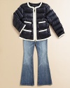 Haute couture style with classic contrast trim combines with down warmth in a perfect winter jacket for a young fashionista.Round necklineQuilted puffer body and sleevesTwo-way front zipperLong sleeves, one with appliquéd logoFour front patch pocketsStraight, slightly cropped hem90% down/10% feather fillFully linedNylonMachine washImported
