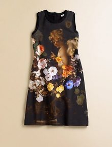 Classic shift dress is defined by a colorful, floral angel print and gathered neckline.Gathered round necklineSleevelessConcealed back zipperPatch pocketShift silhouetteCotton/elastane/silkDry cleanMade in Italy Classic shift dress is defined by a colorful, floral angel print and gathered neckline.Gathered round necklineSleevelessConcealed back zipperPatch pocketShift silhouetteCotton/elastane/silkDry cleanMade in Italy