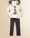 Both a jacket and a sweater, this pretty cardigan keeps your snow bunny cozy with a combination of knits and faux fur to frame her face.Faux fur trimLong sleeves with ribbed cuffs and smooth knit elbow patchesToggle front closure with ribbed placketSmooth knit gunflaps and flap patch pocketsRibbed hem68% wool/20% nylon/10% angora/2% silkDry cleanImported Please note: Number of toggles may vary depending on size ordered. 