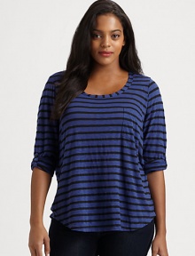 This sporty jersey top with timeless stripes and a relaxed-yet-feminine fit pairs perfectly with straight-leg or skinny jeans.ScoopneckRoll-tab sleevesFront pocketCurved hemPull-on styleAbout 26 from shoulder to hemPolyester/micro modal/supima cottonMachine washMade in USA