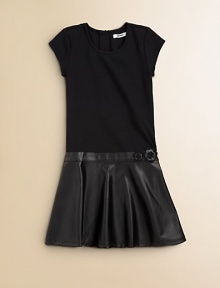 Pleated faux leather skirt and floral appliqué update this ponte knit cap sleeve design.Cap sleevesDrop waistBack zip closureBody: cotton/polyesterSkirt: polyurethaneMachine washImported Pleated faux leather skirt and floral appliqué update this ponte knit cap sleeve design.Cap sleevesDrop waistBack zip closureBody: cotton/polyesterSkirt: polyurethaneMachine washImported