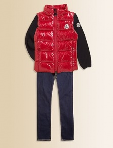 A glam wear-everywhere layer in shiny nylon with Moncler's signature logo.Stand collarSleevelessZip front closureConcealed side zip pocketsApplied logo detailNylonFill: 90% feather/10% downMachine washImported A glam wear-everywhere layer in shiny nylon with Moncler's signature logo.Stand collarSleevelessZip front closureConcealed side zip pocketsApplied logo detailNylonFill: 90% feather/10% downMachine washImported