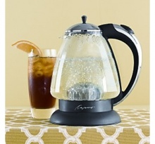 The Capresso beautifully designed cordless water kettle with chrome plated lid and slip-free textured handle is versatile, economical and safe to use. It has 1.5qt capacity and has safety auto shut off. It also features a heat resistant German Schott glass that conceals the heat for a fast quiet boil. The Capresso beautifully designed cordless water kettle with chrome plated lid and slip-free textured handle is versatile, economical and safe to use. It has 1.5qt capacity and has safety auto shut off. It also features a heat resistant German Schott glass that conceals the heat for a fast quiet boil.