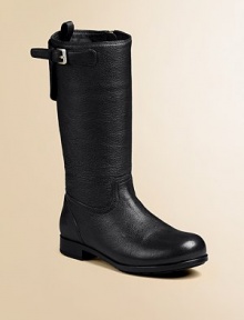 Tall boot with side buckle and inside zipper. Back pull tab Logo detail Leather Rubber sole Imported Tall boot with side buckle and inside zipper. Back pull tab Logo detail Leather Rubber sole Imported