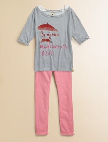 A sweet, French-themed graphic lends a little sass to this striped tee.Boat neck with eyelet trimThree-quarter length cuffed sleevesFront graphic80% cotton/20% linenMachine washImported