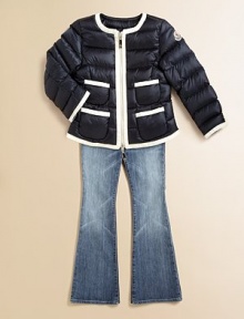 Haute couture style with classic contrast trim combines with down warmth in a perfect winter jacket for a young fashionista.Round necklineQuilted puffer body and sleevesTwo-way front zipperLong sleeves, one with appliquéd logoFour front patch pocketsStraight, slightly cropped hem90% down/10% feather fillFully linedNylonMachine washImported Haute couture style with classic contrast trim combines with down warmth in a perfect winter jacket for a young fashionista.Round necklineQuilted puffer body and sleevesTwo-way front zipperLong sleeves, one with appliquéd logoFour front patch pocketsStraight, slightly cropped hem90% down/10% feather fillFully linedNylonMachine washImported