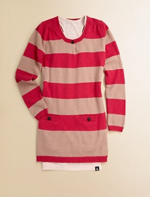 An ultra-cozy striped knit with a soft inner jersey tank dress for extra comfort. Scoopneck with button detailLong sleevesRibbed trim at neckline, cuffs, pockets and hemFront button slash pocketsPull-on style80% cotton/20% woolMachine washImported An ultra-cozy striped knit with a soft inner jersey tank dress for extra comfort. Scoopneck with button detailLong sleevesRibbed trim at neckline, cuffs, pockets and hemFront button slash pocketsPull-on style80% cotton/20% woolMachine washImported