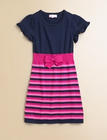 From a knit bow to flounced sleeves, pretty, feminine details shape this cozy silhouette rendered in soft cotton and finished with a cute striped skirt.ScoopneckShort flounced sleevesFitted waist with bow detailRibbed details at collar, sleeves and waistPull-on styleCottonMachine washImported From a knit bow to flounced sleeves, pretty, feminine details shape this cozy silhouette rendered in soft cotton and finished with a cute striped skirt.ScoopneckShort flounced sleevesFitted waist with bow detailRibbed details at collar, sleeves and waistPull-on styleCottonMachine washImported