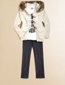 Both a jacket and a sweater, this pretty cardigan keeps your snow bunny cozy with a combination of knits and faux fur to frame her face.Faux fur trimLong sleeves with ribbed cuffs and smooth knit elbow patchesToggle front closure with ribbed placketSmooth knit gunflaps and flap patch pocketsRibbed hem68% wool/20% nylon/10% angora/2% silkDry cleanImported Please note: Number of toggles may vary depending on size ordered. Both a jacket and a sweater, this pretty cardigan keeps your snow bunny cozy with a combination of knits and faux fur to frame her face.Faux fur trimLong sleeves with ribbed cuffs and smooth knit elbow patchesToggle front closure with ribbed placketSmooth knit gunflaps and flap patch pocketsRibbed hem68% wool/20% nylon/10% angora/2% silkDry cleanImported Please note: Number of toggles may vary depending on size ordered.