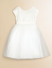 A pretty special occasion silhouette features a woven silk organza bodice atop a frothy tulle skirt. Cap sleevesCovered buttons over the hidden back zipperNatural waist with sash detailFully linedSilk/tulleDry cleanImported A pretty special occasion silhouette features a woven silk organza bodice atop a frothy tulle skirt. Cap sleevesCovered buttons over the hidden back zipperNatural waist with sash detailFully linedSilk/tulleDry cleanImported