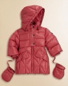 Gathered bow-inspired pockets give this quilted puffer an adorable update.Snap-off hoodStand collarPartial snap placketQuilted alloverZip frontLong sleeves with attached mittensLogo patch on one armDual front bow pocketsFully linedShell: polyamideFill: goose downDry cleanImported Please note: Number of snaps may vary depending on size ordered. 