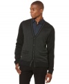 Smart and exquisite tonal cardigan by Perry Ellis is handsomely conservative and perfect over a button front or solid t-shirt.