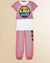 This soft, cropped knit style is emblazoned with a rainbow smiley face graphic, and comes with a full-length white tank top for layering.CrewneckShort sleevesIncluded white cotton tankRayonHand washImported