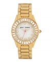 Twenty four hours a day isn't nearly enough time to shine. Watch by Betsey Johnson crafted of gold tone stainless steel bracelet and round case. Bezel embellished with baguette-cut crystal accents. White mother-of-pearl dial features crystal accent markers set in gold tone, gold tone hour and minute hands, signature fuchsia second hand and logo. Quartz movement. Water resistant to 30 meters. Two-year limited warranty.