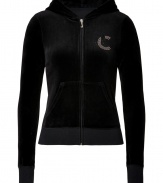 Inject luxe style into your casual-cool looks with Juicy Coutures rhinestone embellished hoodie, detailed with studded elbow patches for that contemporary glamorous edge - Hooded, front zip closure, long sleeves, split kangaroo pocket - Slim fit - Layer over tees, lounge pants, and statement fashion sneakers