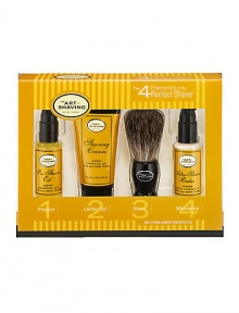 The 4 Elements of The Perfect Shave combine The Art of Shaving's high quality products, handcrafted accessories and expert shaving technique to provide optimal shaving results while helping against ingrown hairs, razor burn, and nicks and cuts. The Starter Kit offers one week's worth of essentials for a close and comfortable shave. Set includes: 0.5 oz. Pre-Shave Oil, 1 oz. Shaving Cream, 0.5 oz. After-Shave Balm and Trial Size Badger Shaving Brush. The 4 Elements of The Perfect Shave combine The Art of Shaving's high quality products, handcrafted accessories and expert shaving technique to provide optimal shaving results while helping against ingrown hairs, razor burn, and nicks and cuts. The Starter Kit offers one week's worth of essentials for a close and comfortable shave. Set includes: 0.5 oz. Pre-Shave Oil, 1 oz. Shaving Cream, 0.5 oz. After-Shave Balm and Trial Size Badger Shaving Brush.