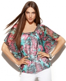 Paisley print never looked this good! Bright color and a fluid drape lend dramatic flair to INC's chic petite top. (Clearance) Paisley print never looked this good! Bright color and a fluid drape lend dramatic flair to INC's chic petite top. (Clearance)