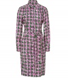 Luxe shirtdress in fine, pure printed silk - A summer stunner from knits maestro Sophie Theallet - Eye-catching, retro-modern purple, white and green print - Slim cut button down style with small collar - Long sleeves with oversize cuffs and belted tie waist - Straight skirt hits at knee - Pair with peep toe pumps, wedges or kitten heels