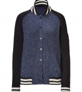 Inject an edge of old-school cool into your look with Zadig & Voltaires baseball-style sweater - Blue heather body, black raglan long sleeves, black and white ribbed trim, button-down front, side slit pockets - Straight silhouette - Wear with favorite tees and jeans for off-duty chic
