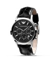 Casual yet sophisticated, Armani offers up a modern black watch with patent leather strap and gorgeous 3 chrono display.