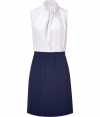 A new favorite go-to dress for almost any occasion - Stylish mix of fine viscose and silk in pure white and navy - Slim silhouette with thigh-length skirt - Sleeveless with elegantly draped shawl neckline featuring a lovely twist detail - Perfect for the office, dinner or evening events - Pair with peep toe heels and a smart blazer