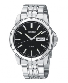 As classic as a perfectly tailored suit, this Seiko watch is timeless. Stainless steel bracelet and round case. Black dial features silvertone stick indices with luminous tips, day and date window at three o'clock, luminous hands and logo. Quartz movement. Water resistant to 100 meters. Three-year limited warranty.